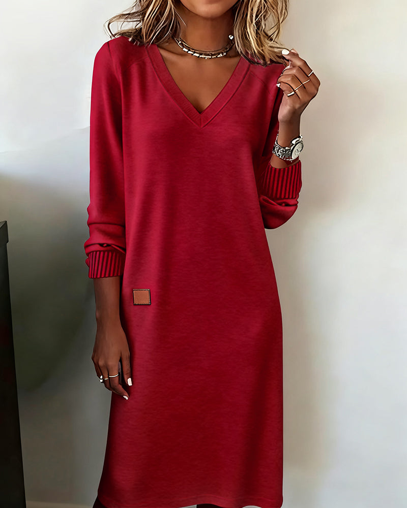 Stylish V-neck long sleeve midi dress for women, offering elegant comfort for office, business, or casual wear.