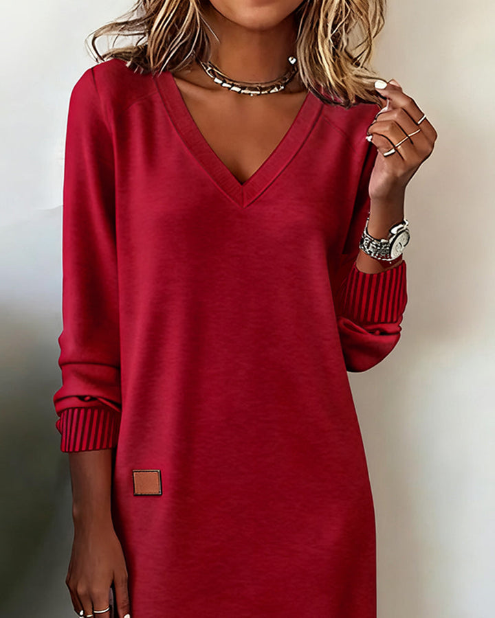 Professional women's V-neck long sleeve midi dress, an elegant workwear essential for the modern office.