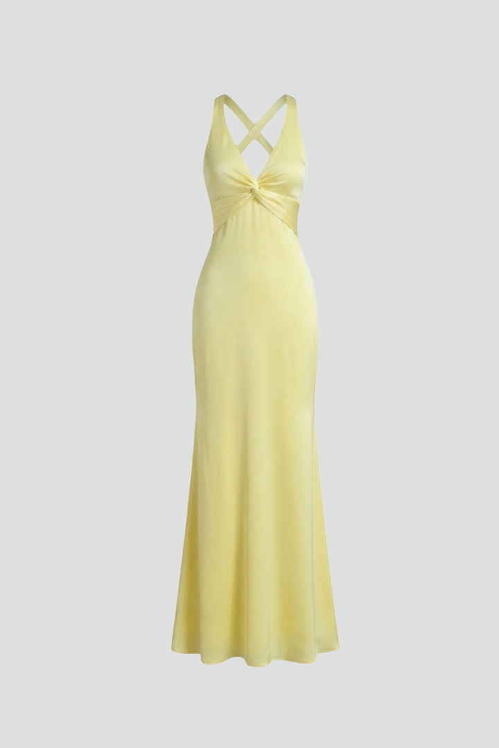 Elegant women's V-neck maxi dress with a flattering fitted waist, perfect for summer casual or elegant wear.