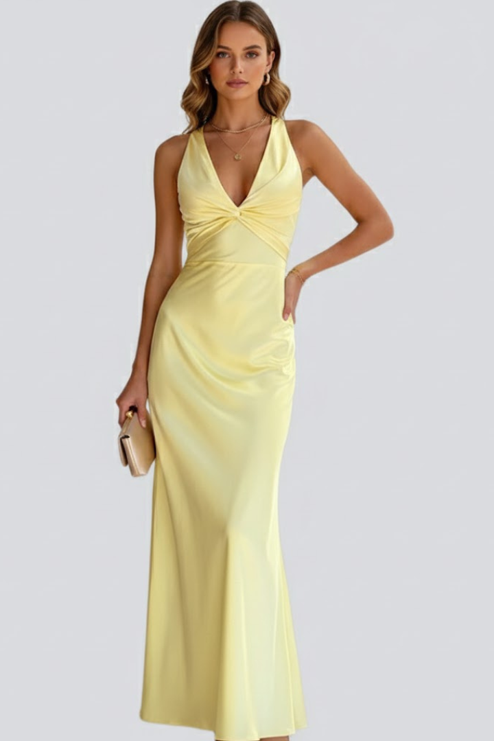 Sleeveless long maxi dress for women, featuring a V-neck and fitted waist, ideal for versatile summer fashion.