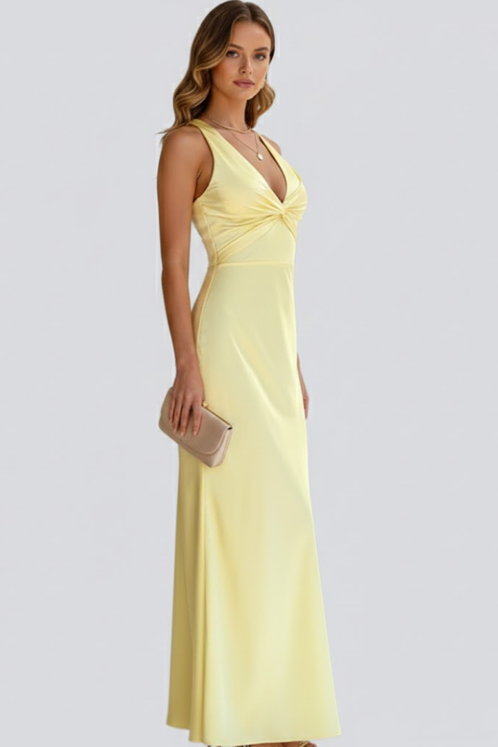 Comfortable casual women's summer maxi dress with a V-neck and a flattering fitted waist silhouette.