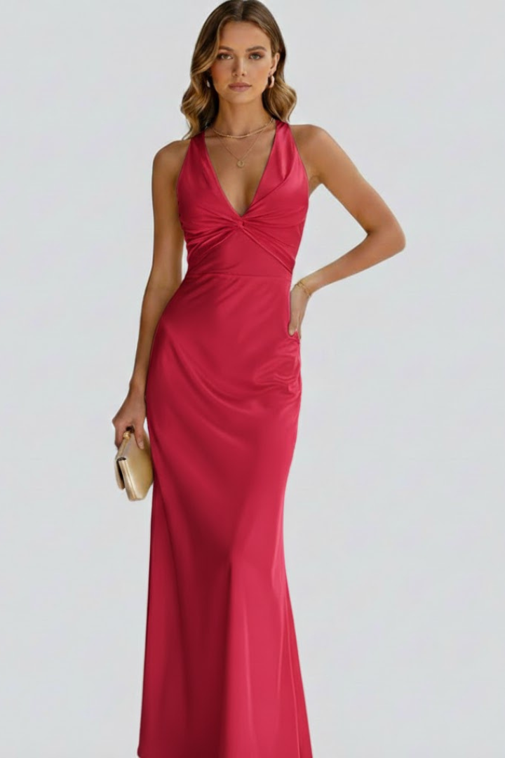 Versatile long V-neck maxi dress for women, designed with a fitted waist, suitable for many events.