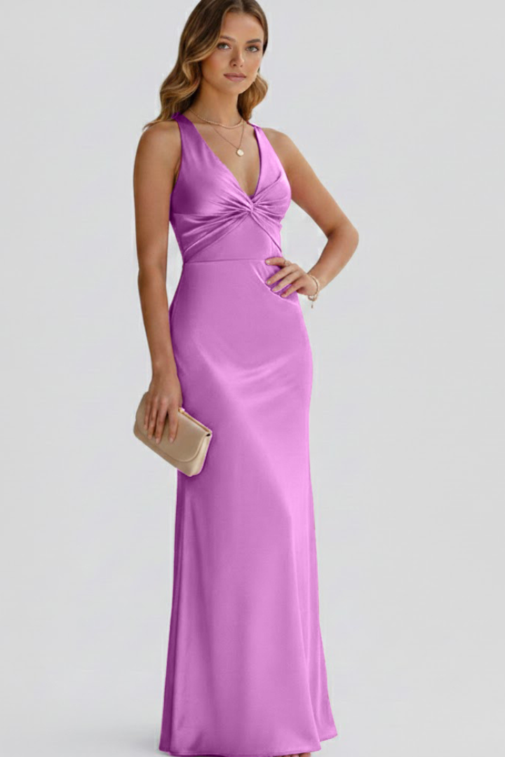Chic women's V-neck maxi dress, a stylish long dress with a fitted waist, perfect for summer wardrobes.