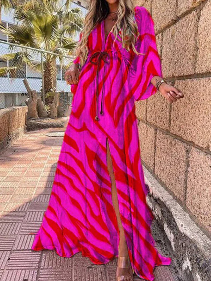 Flowy V-neck maxi dress with kimono sleeves & high slit, a versatile elegant women's dress for beach or evening.