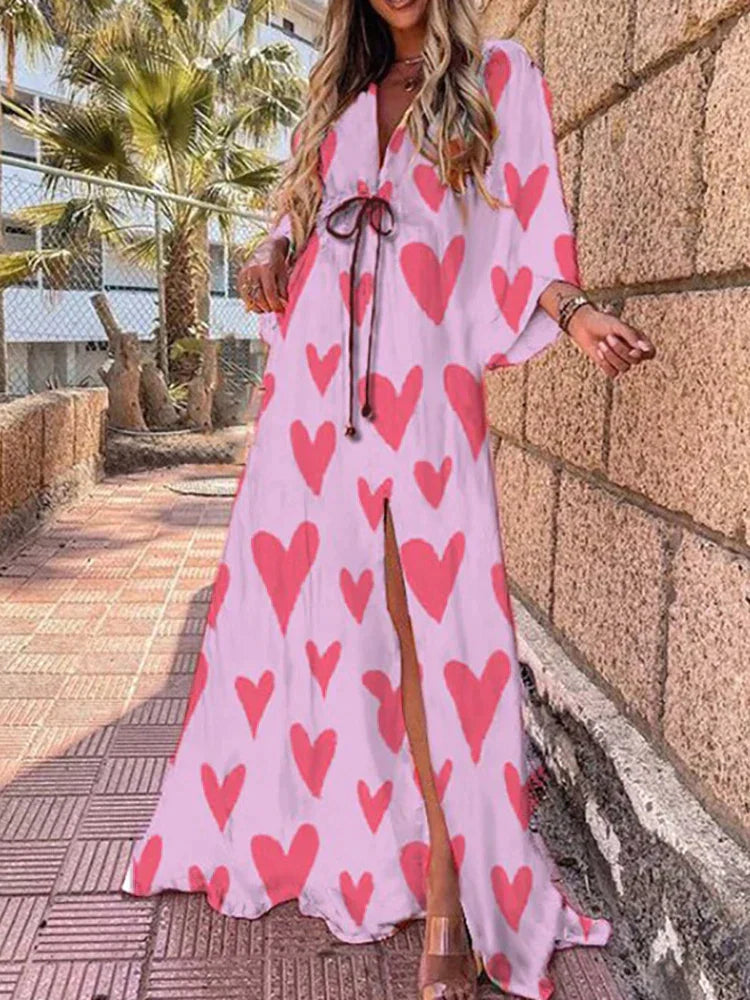 Lightweight & elegant women's V-neck kimono sleeve maxi dress with high slit, perfect for summer comfort.