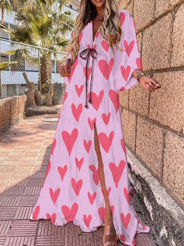 Lightweight & elegant women's V-neck kimono sleeve maxi dress with high slit, perfect for summer comfort.