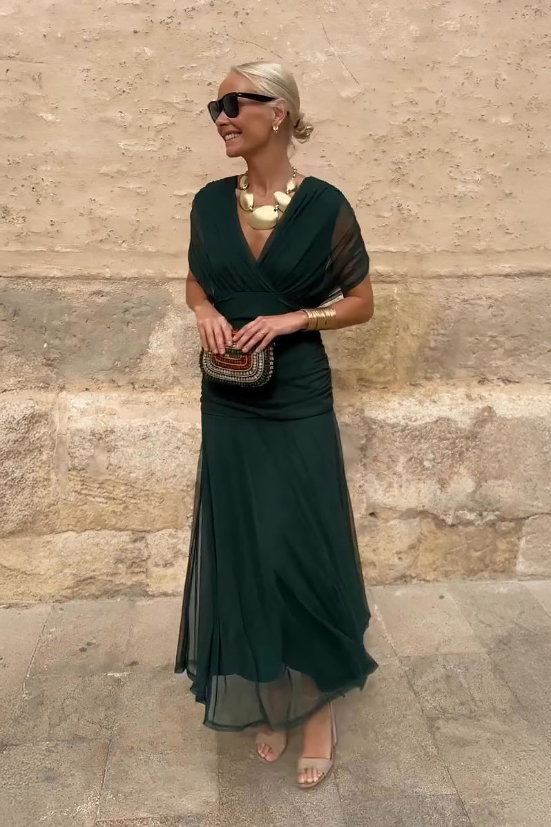 Elegant women's V-neck maxi wedding guest dress with draped sleeves & ruched waist.