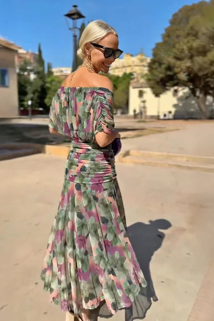 Women's formal V-neck maxi dress, elegant draped sleeves, ideal for wedding or party.