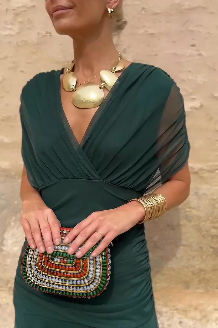 Wedding guest V-neck maxi dress for women, ruched waist, sophisticated formal wear.