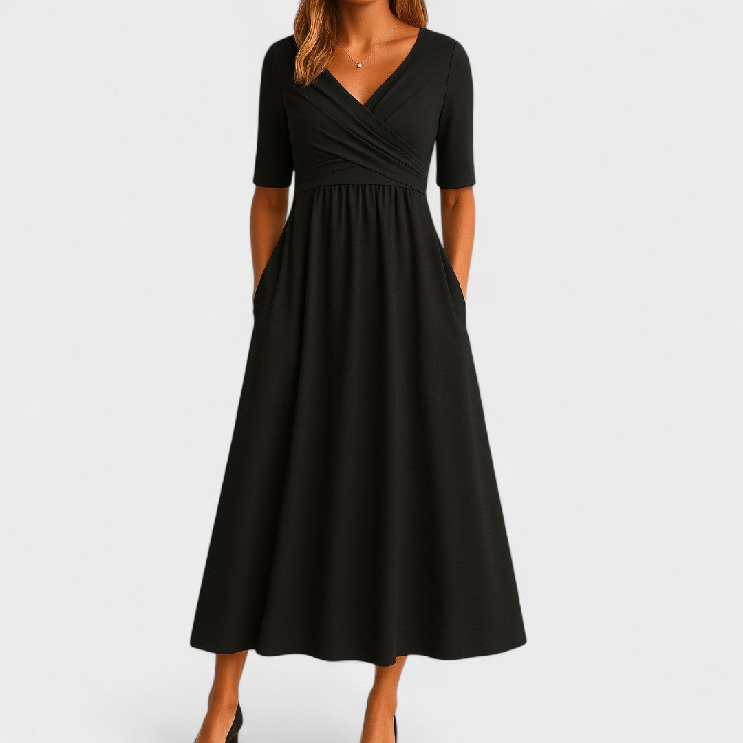 Casual chic V-neck midi dress for women, ideal for summer events. Stylish clothing.