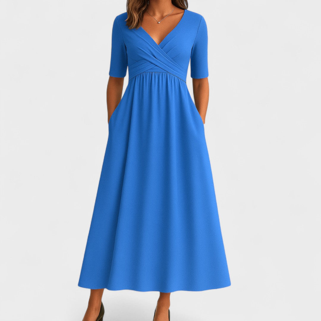 V-neck cocktail midi dress for women, offering a chic and elegant look. Summer attire.