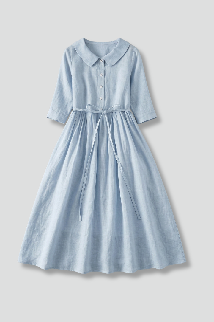 Elegant women's V-neck midi dress with a flattering waist tie, perfect for versatile summer styling.