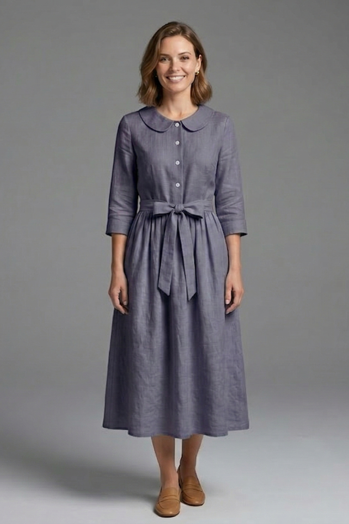Comfortable & flattering V-neck midi dress for women with a functional waist tie, suitable for all seasons.