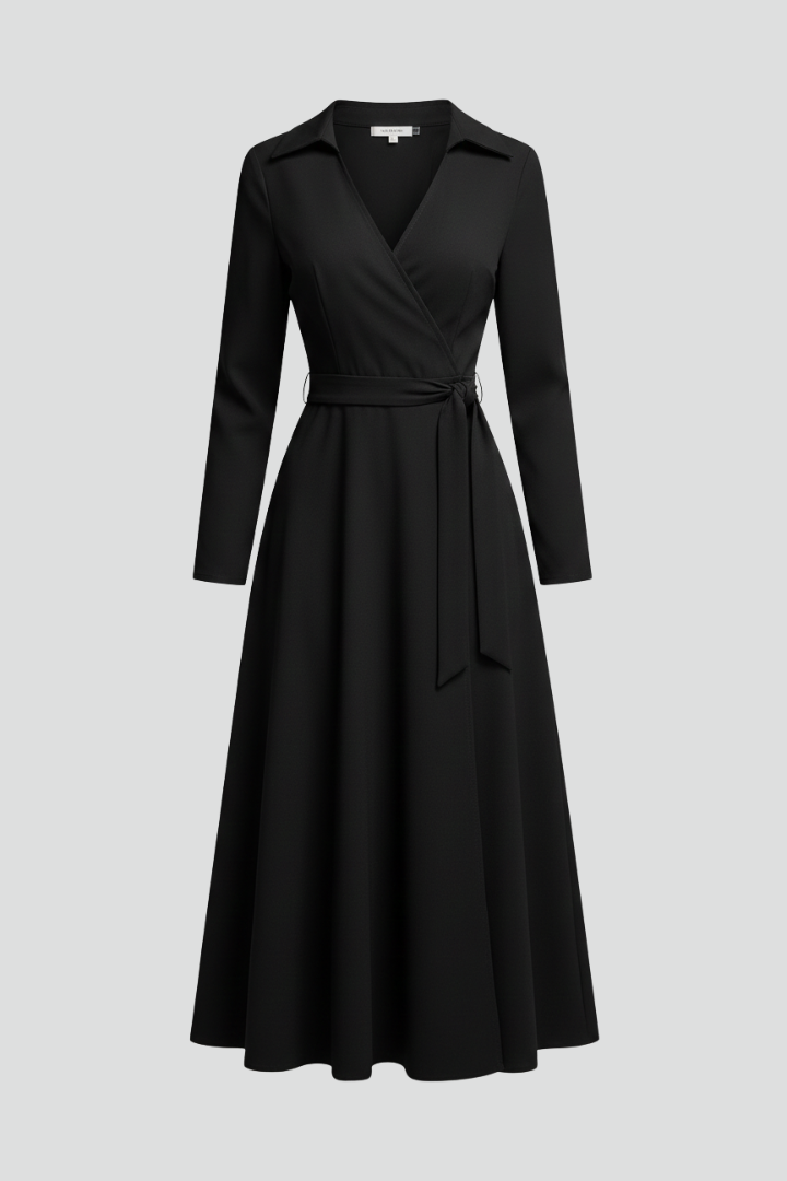 Elegant women's V-neck midi dress with long sleeves & tie waist, perfect for work or fall fashion.