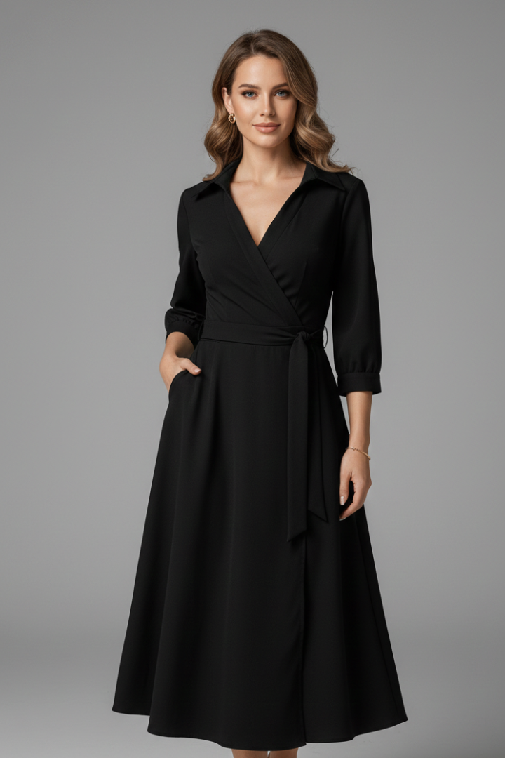 Stylish A-line midi dress for women, featuring a V-neck, long sleeves, and lapel collar detail.