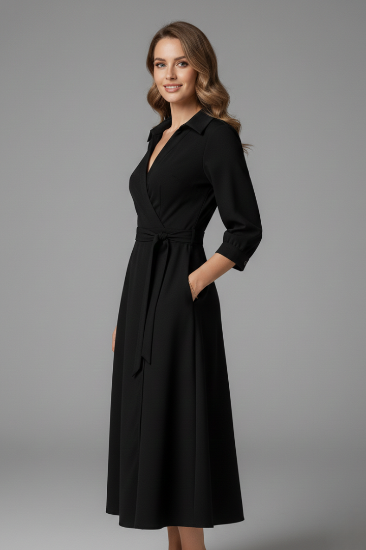 Versatile women's fall midi dress with an elegant V-neck, long sleeves, and flattering tie waist.