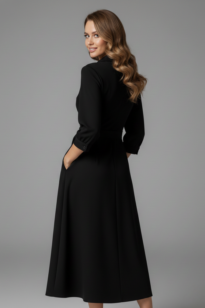 Chic women's casual or work midi dress with V-neck, long sleeves, and an A-line silhouette.