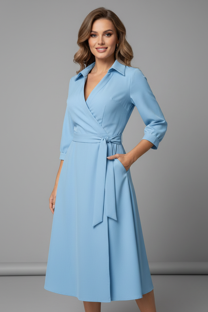 Women's elegant V-neck long sleeve midi dress, a versatile piece with a tie waist for fall.