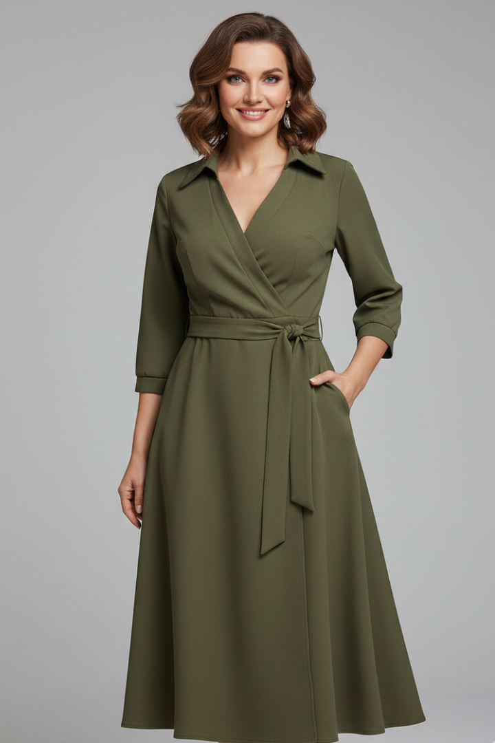 Fall women's A-line midi dress with V-neck, long sleeves, and sophisticated lapel collar.