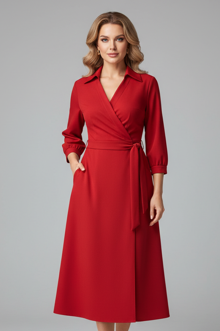 Comfortable women's long sleeve V-neck midi dress, ideal for work or elegant casual wear.
