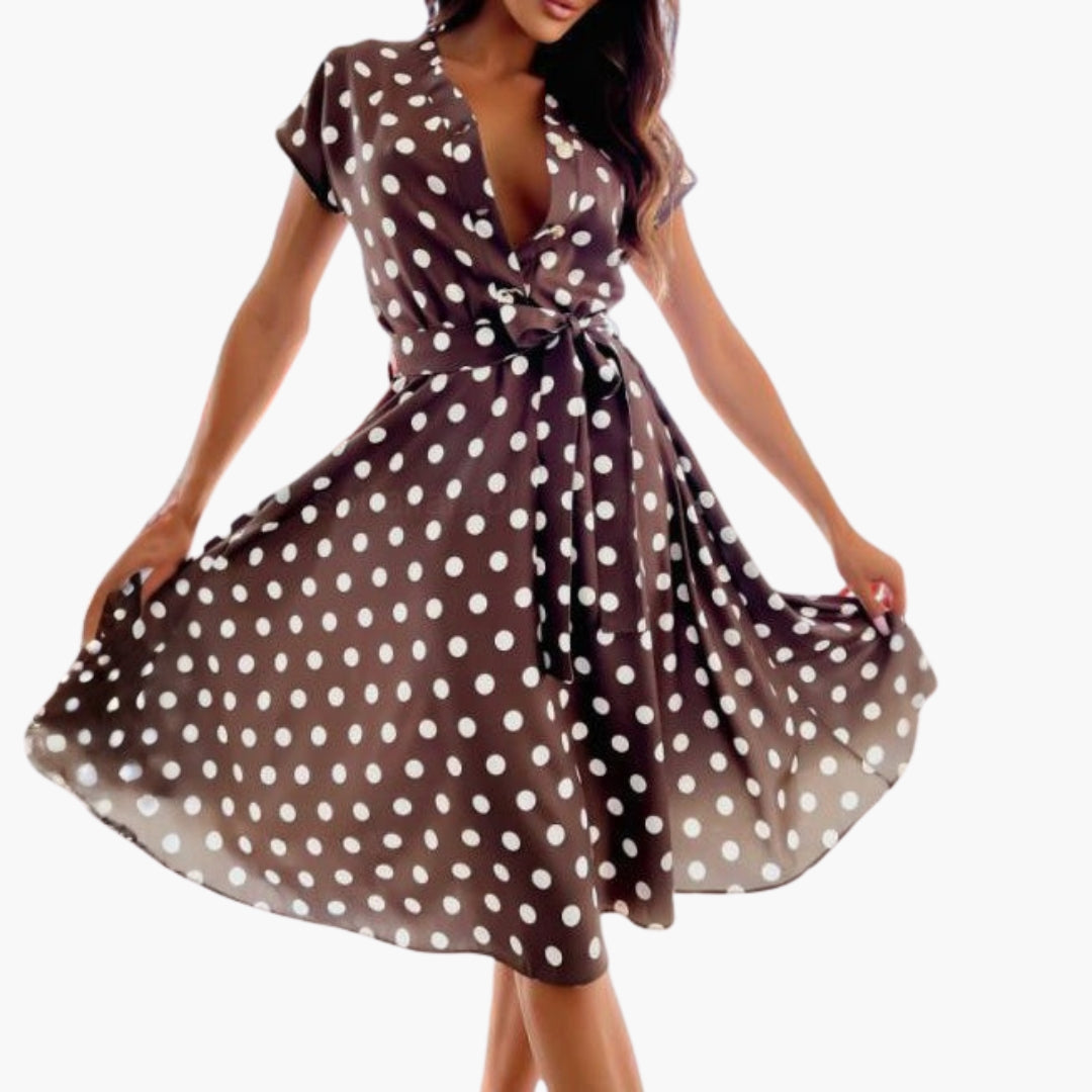 Sophisticated elegant midi dress for women featuring a V-neck and short sleeves, great for spring, summer, and parties.