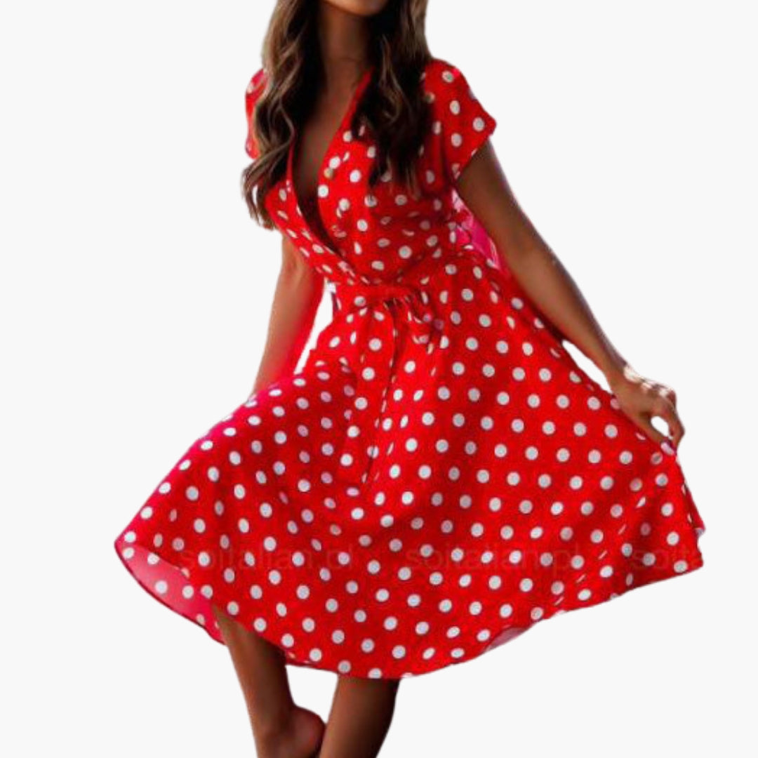 Stylish women's elegant V-neck midi dress with short sleeves, a perfect day to night versatile piece for any wardrobe.