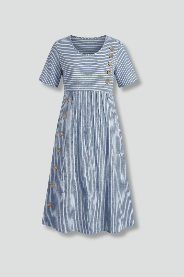 Elegant women's V-neck midi dress with stylish button detail, perfect for versatile day-to-night fashion.