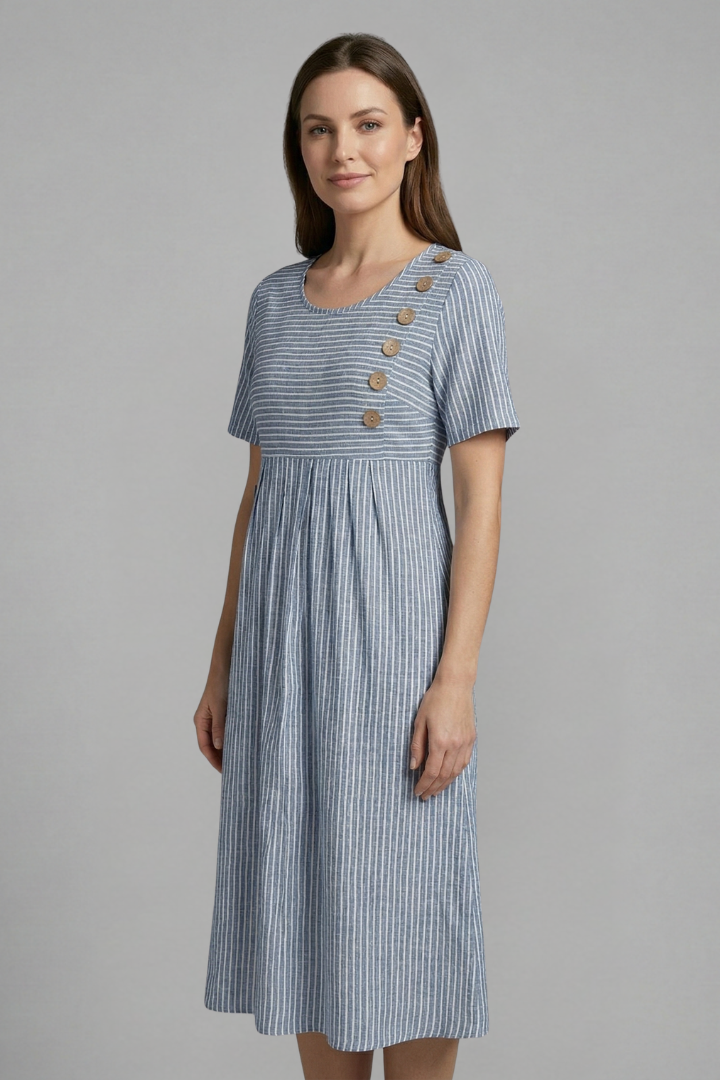 Casual yet elegant women's V-neck midi dress with charming button accents, ideal for everyday wear.