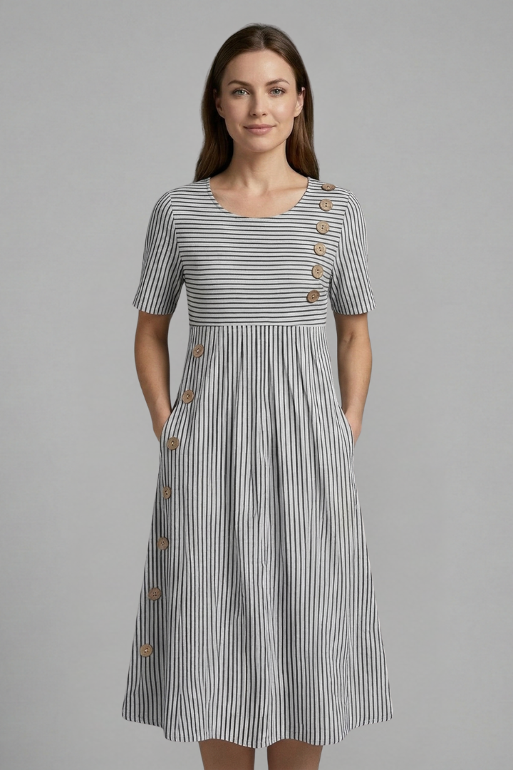 Sophisticated women's V-neck button-front midi dress, a stylish and comfortable choice for any occasion.