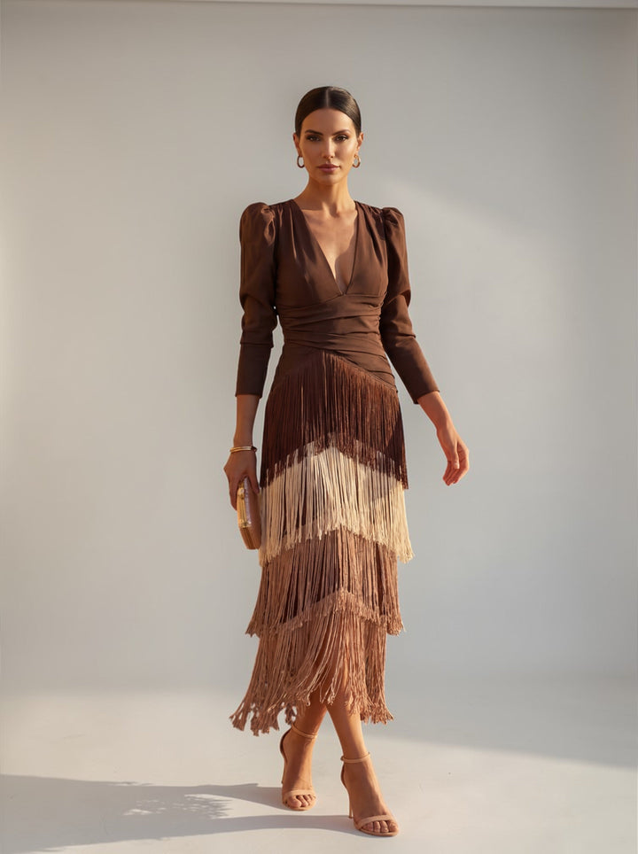 Elegant Women's V-Neck Midi Dress with Tiered Fringe. Perfect for formal events & evening parties.