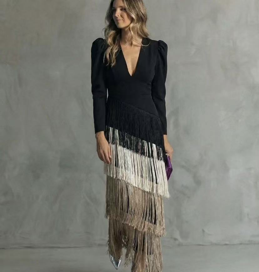 Stylish women's V-neck midi dress with tiered fringe, suitable for formal events and evening parties.