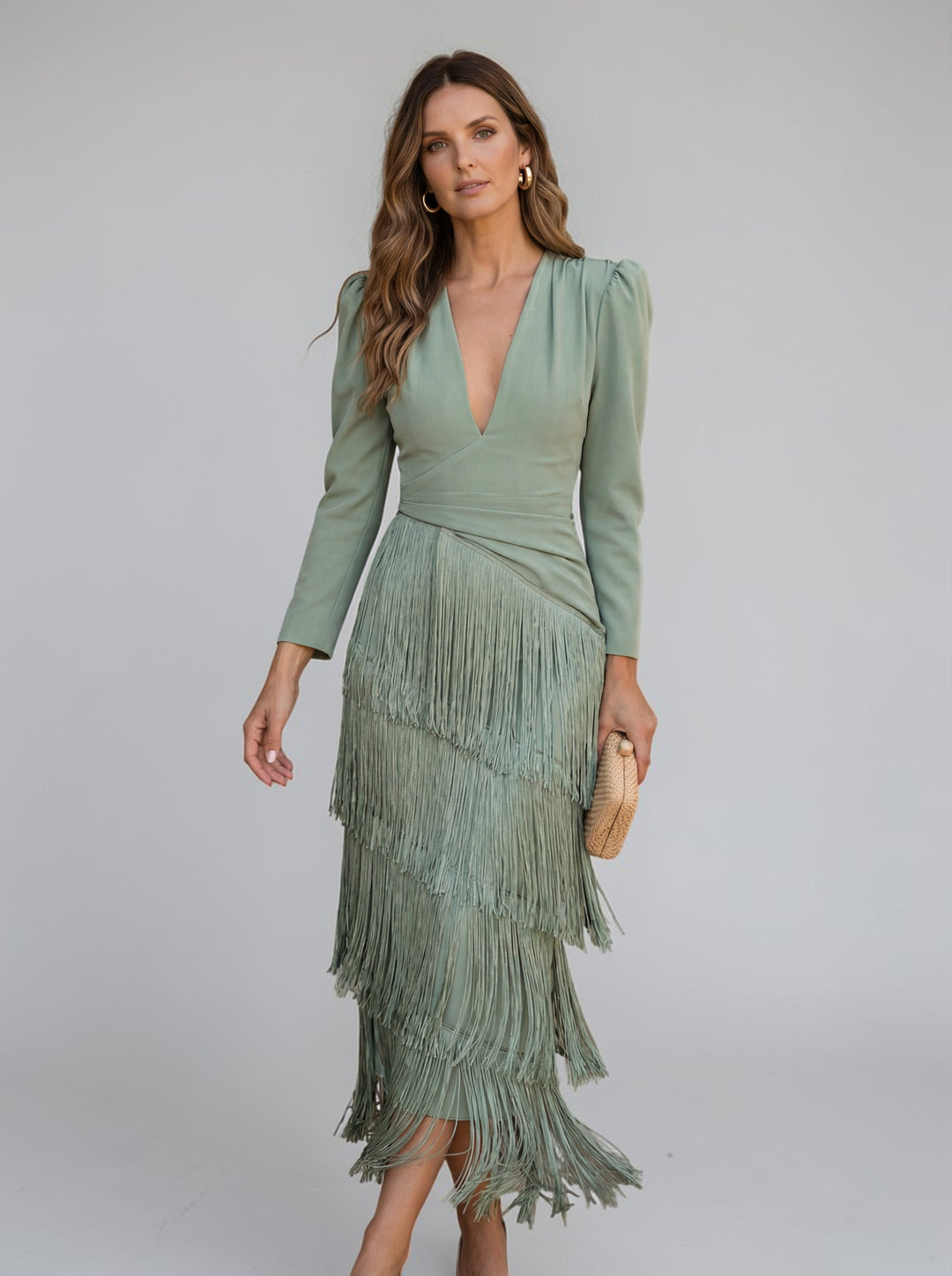 Chic women's tiered fringe V-neck midi dress, an elegant choice for evening and special events.