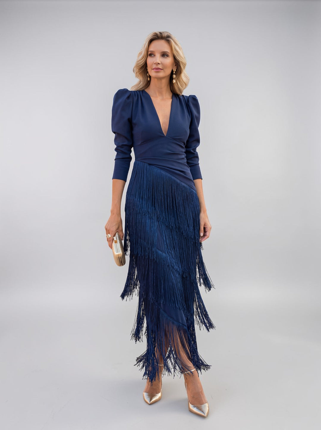 Sophisticated women's formal midi dress with tiered fringe, perfect for wedding guests & galas.