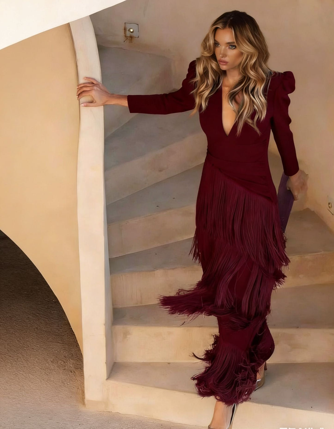 Women's party wear midi dress: V-neck, elegant tiered fringe. A sophisticated special occasion outfit.