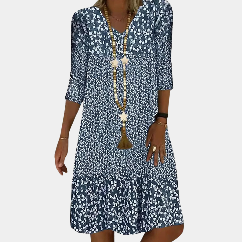 Elegant women's V-neck midi summer dress with short sleeves, perfect for casual or dressed-up everyday wear.