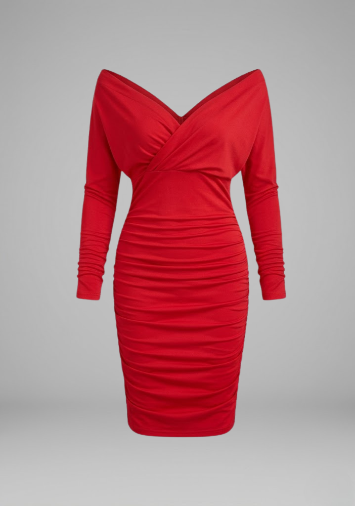 Elegant women's V-neck off-shoulder ruched knee-length wrap dress, perfect for cocktail parties & evening wear.