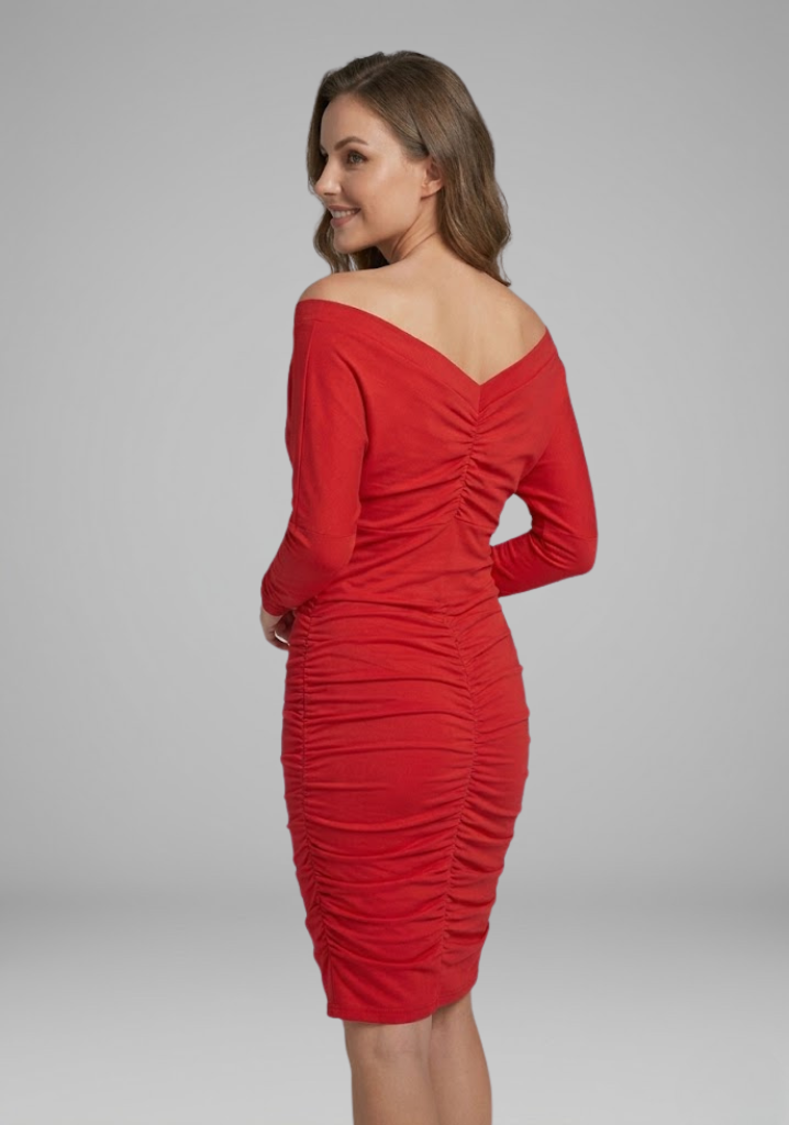 Sophisticated V-neck off-shoulder ruched cocktail dress for women. Knee-length wrap style, perfect for evening.