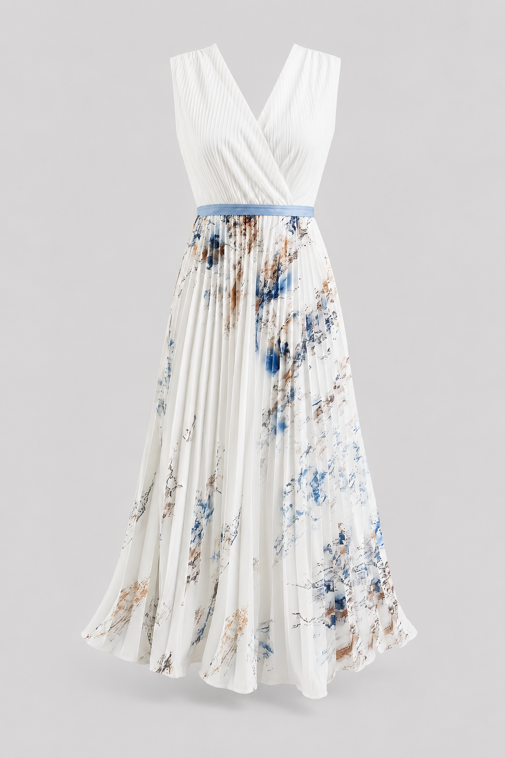 Elegant women's V-neck pleated maxi dress with a waist tie, perfect for summer occasions.