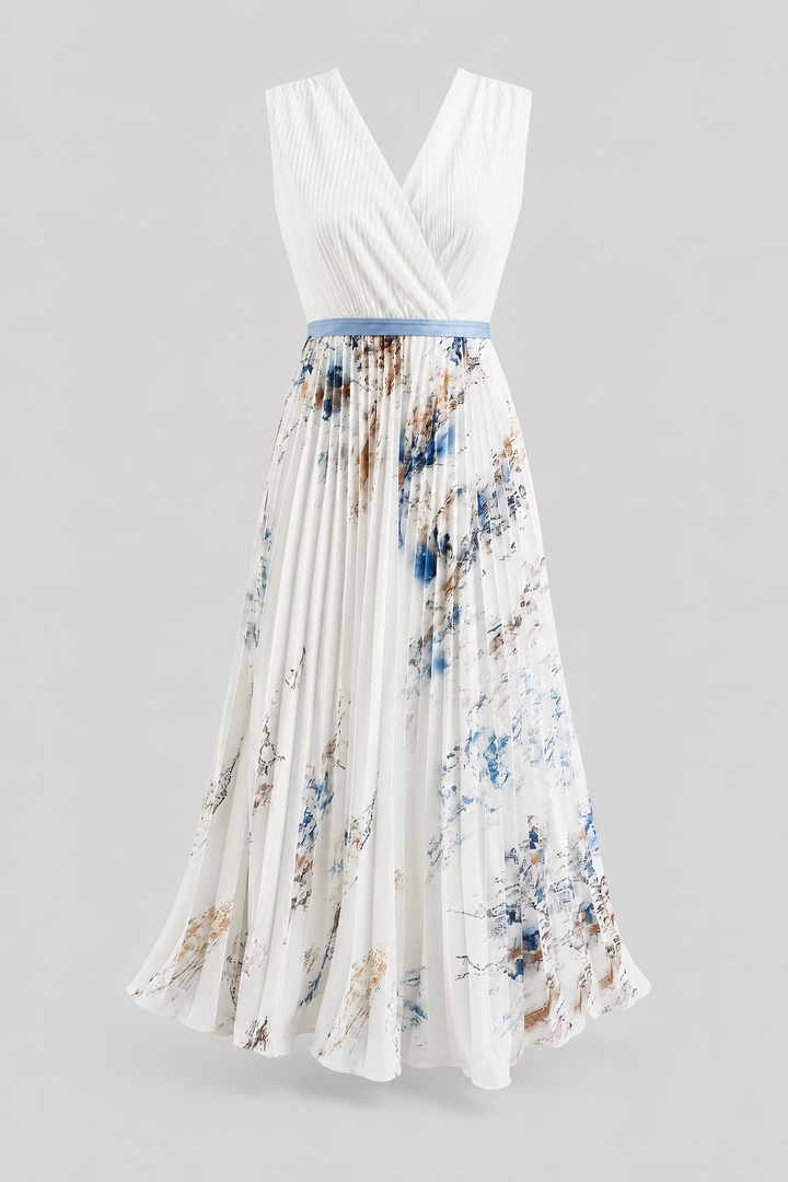 Elegant women's V-neck pleated maxi dress with a waist tie, perfect for summer occasions.