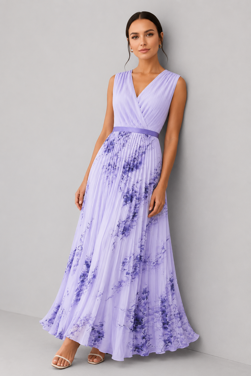 Modern women's elegant V-neck sleeveless pleated maxi dress with a sophisticated waist tie.