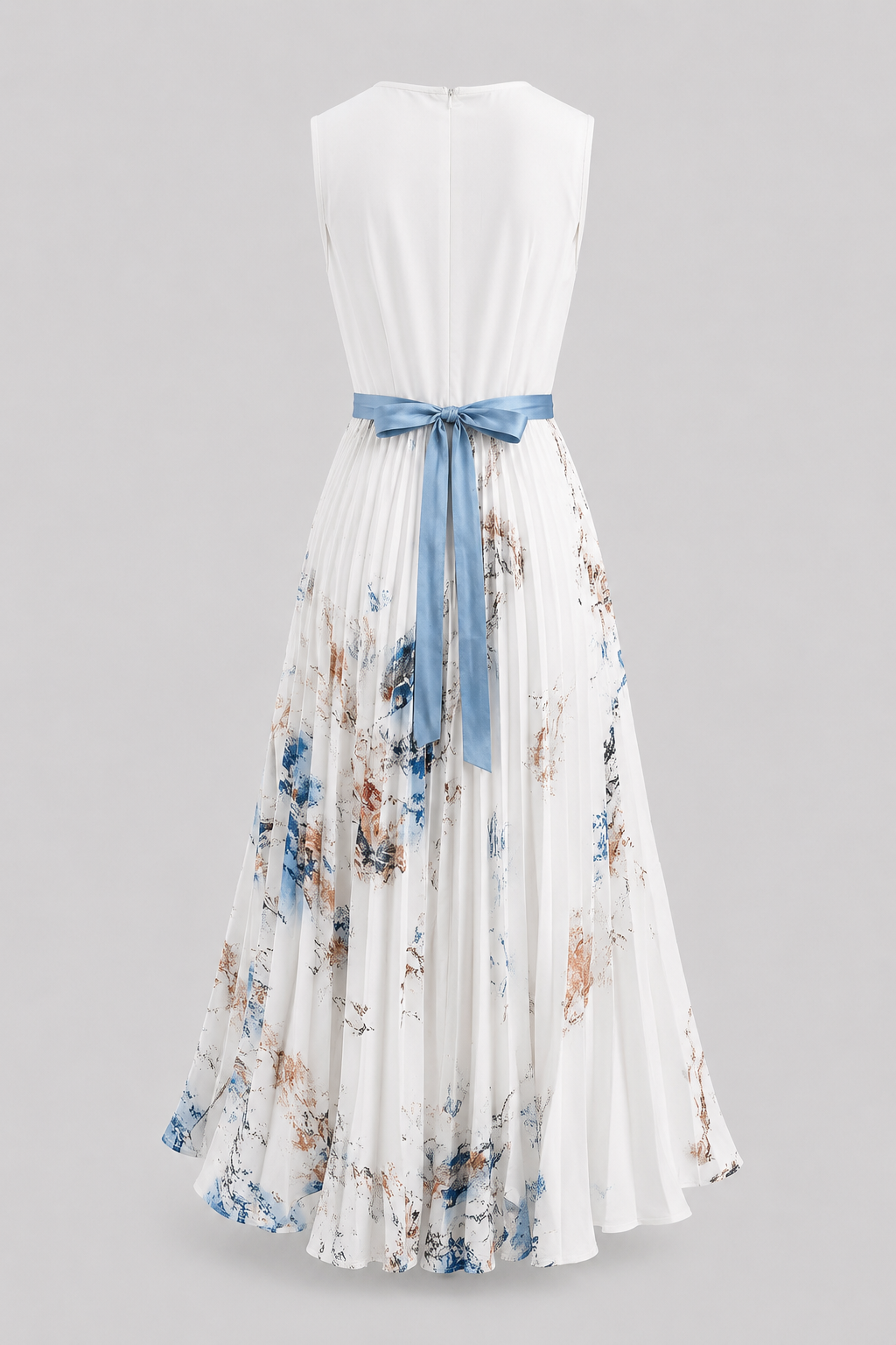 Sleeveless V-neck maxi dress for women, featuring elegant pleats and a flattering waist tie.