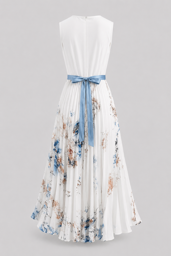 Sleeveless V-neck maxi dress for women, featuring elegant pleats and a flattering waist tie.