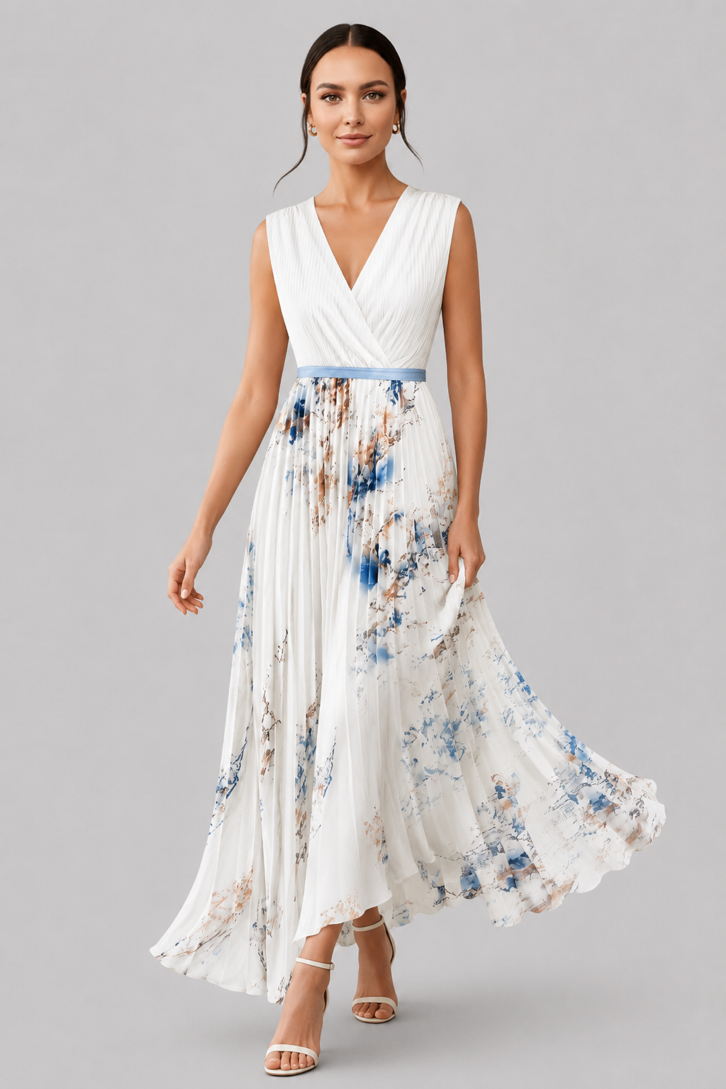 Stylish women's pleated maxi dress with a V-neck and adjustable waist tie for parties.