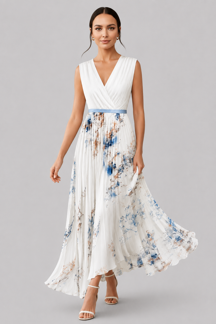 Stylish women's pleated maxi dress with a V-neck and adjustable waist tie for parties.