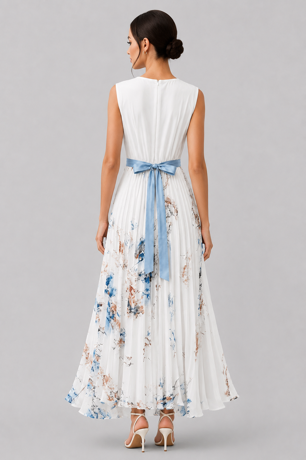 Women's sleeveless V-neck maxi dress with delicate pleats and a chic waist tie detail.