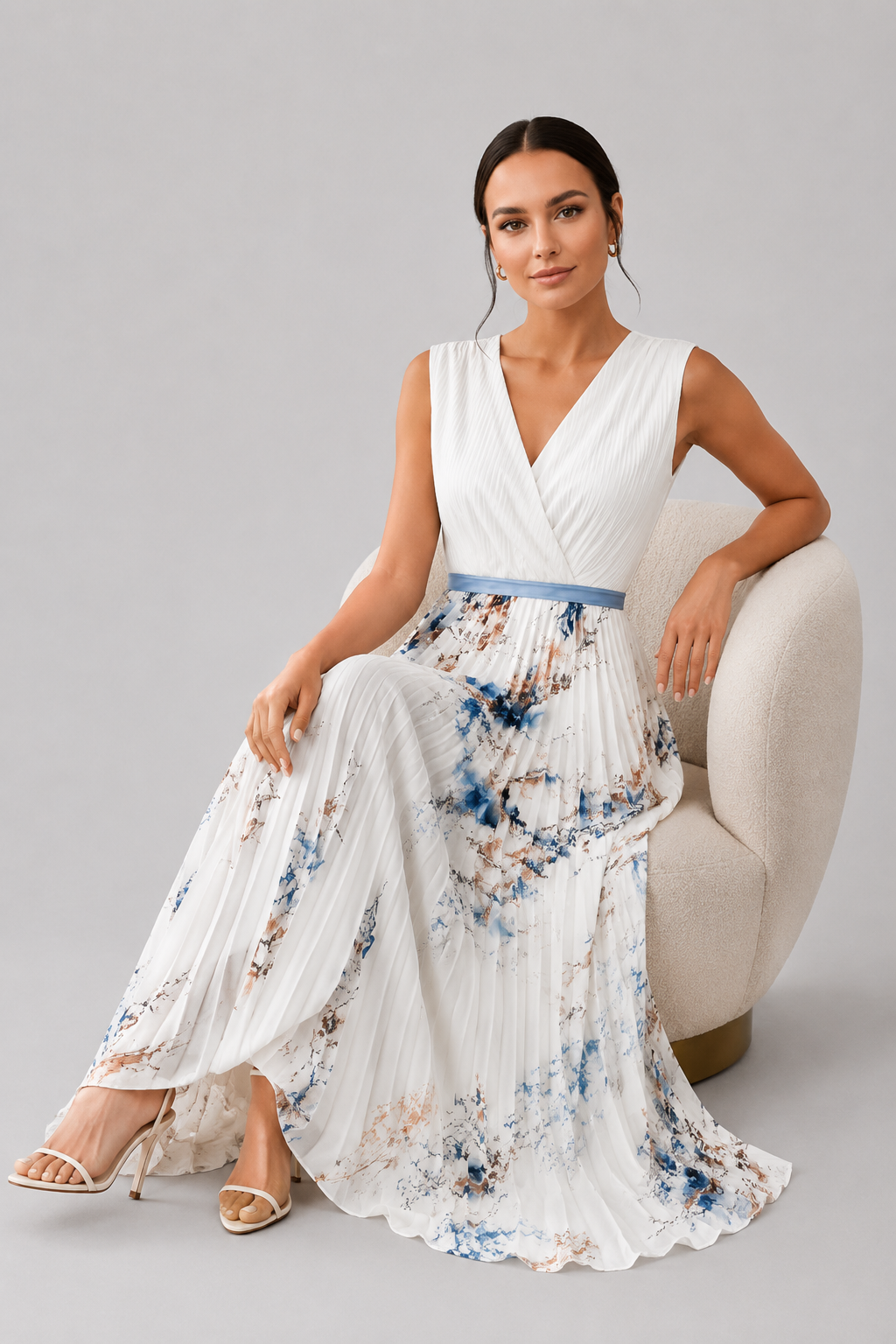 Sophisticated women's pleated V-neck maxi dress, designed with an elegant waist tie.