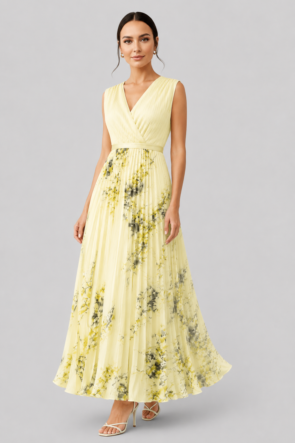 Chic women's occasion dress: V-neck, pleated maxi length, and an elegant waist tie.