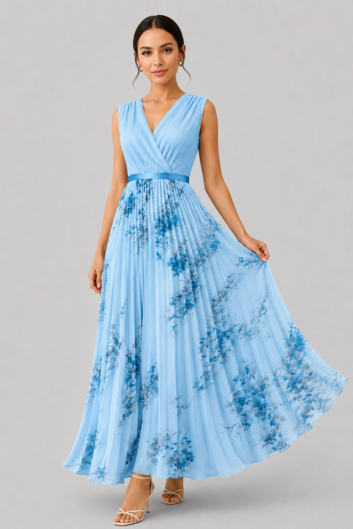 Flowy women's V-neck pleated maxi dress with a flattering waist tie, great for parties.