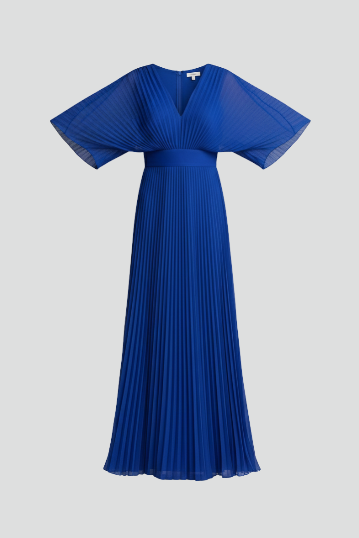 Elegant women's V-neck pleated maxi dress with long sleeves, perfect for special occasions or daily chic.