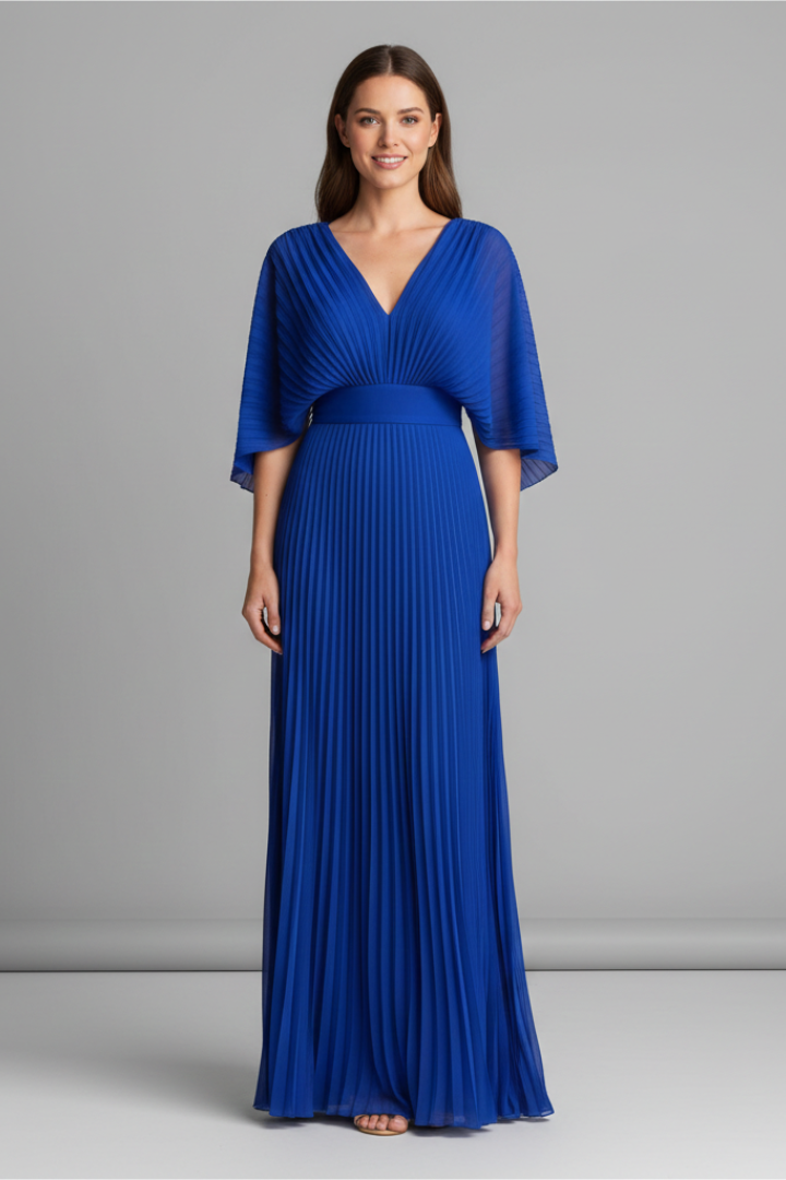 Flowy & flattering V-neck pleated maxi dress for women. Versatile elegant style, great for everyday or events.